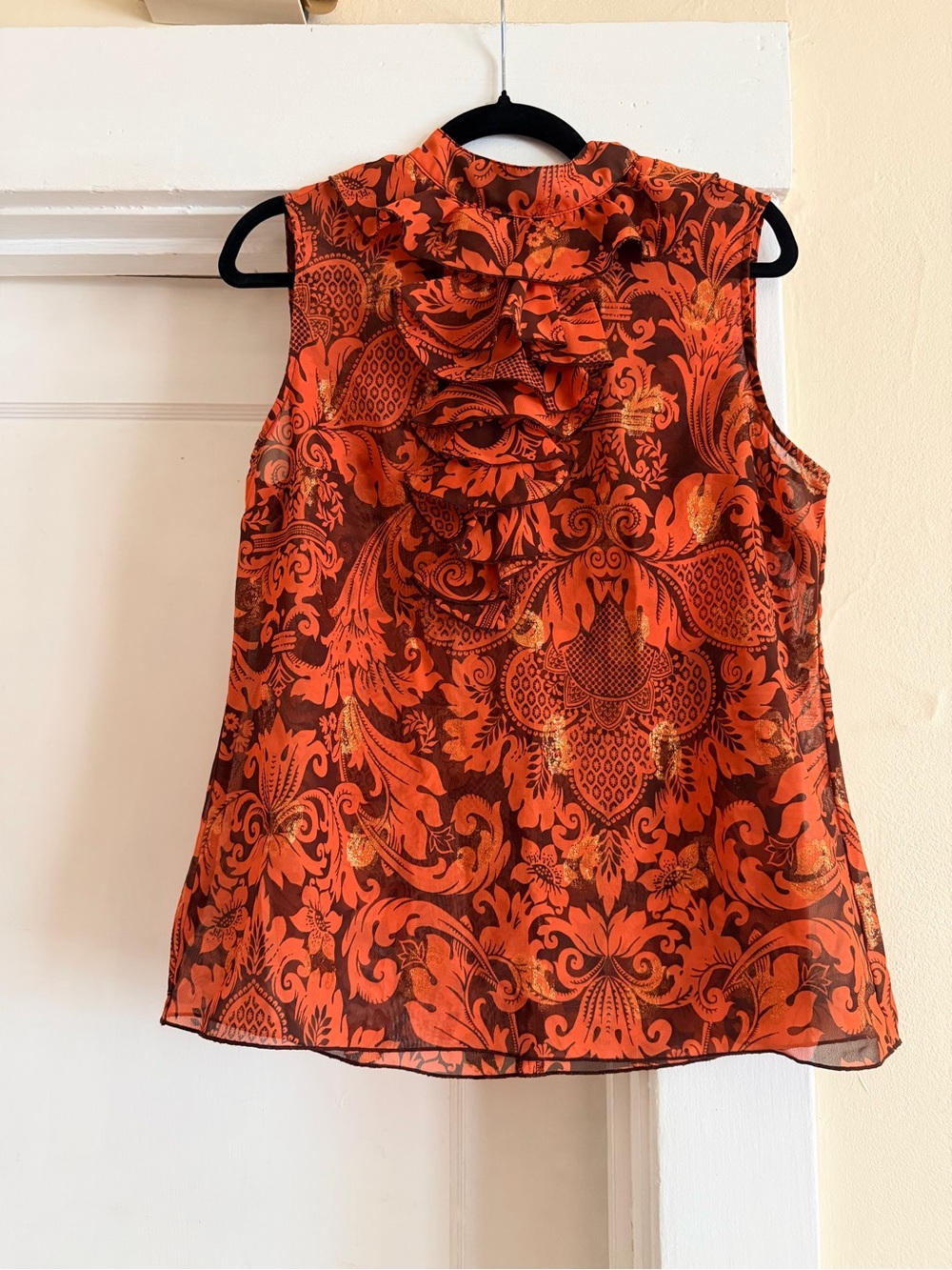 Anna Sui for Target Metallic Damask Ruffle Sleeveless Blouse Orange Brown L